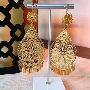Gold Filigree Teardrop Earrings with Tassels